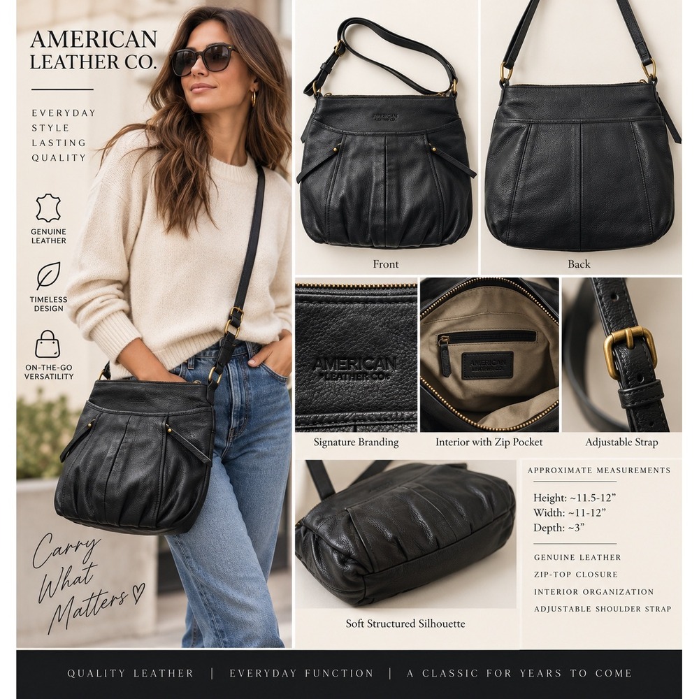 American Leather Co Black Leather Crossbody Shoulder Bag Pleated Hobo Purse
